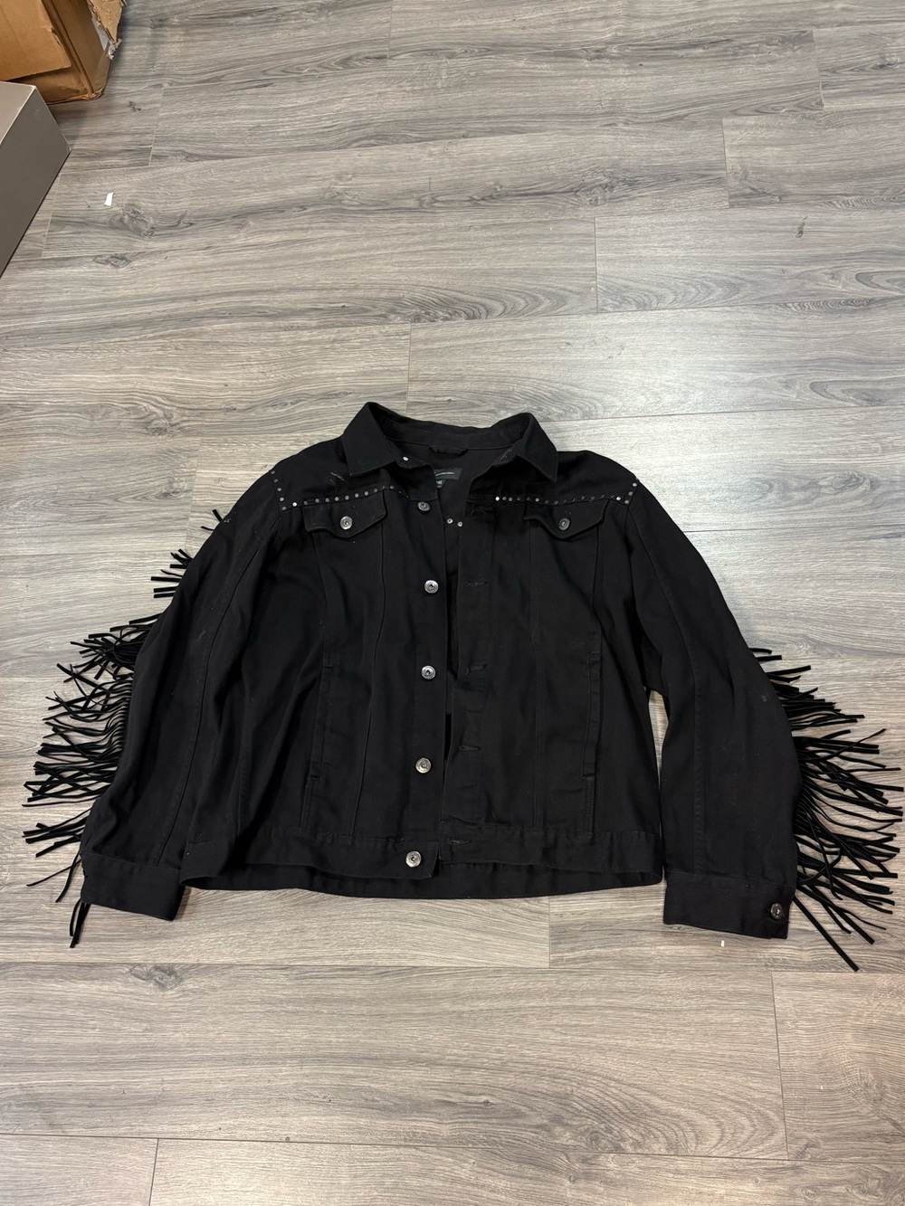 INC International Concepts Black Fringe Denim Jacket with Studs